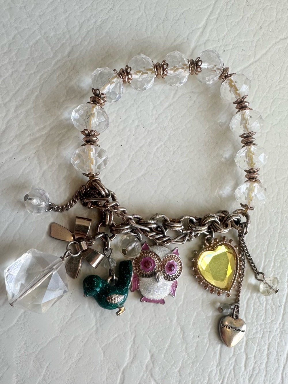 Betsy Johnson stretchy crystal charm bracelet with owl and bird